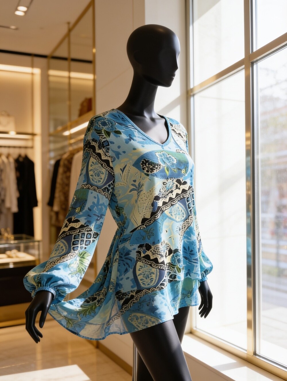 Blue Paisley V-Neck Long Sleeve Top